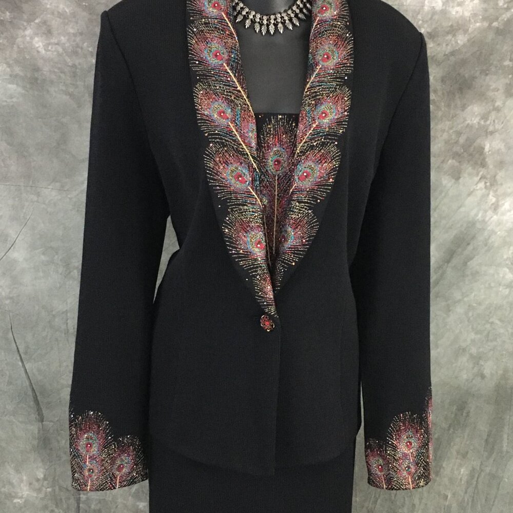 BEAUTIFUL st john evening knit black rhinestones embellished skirt suit 14 16 - Picture 4 of 11